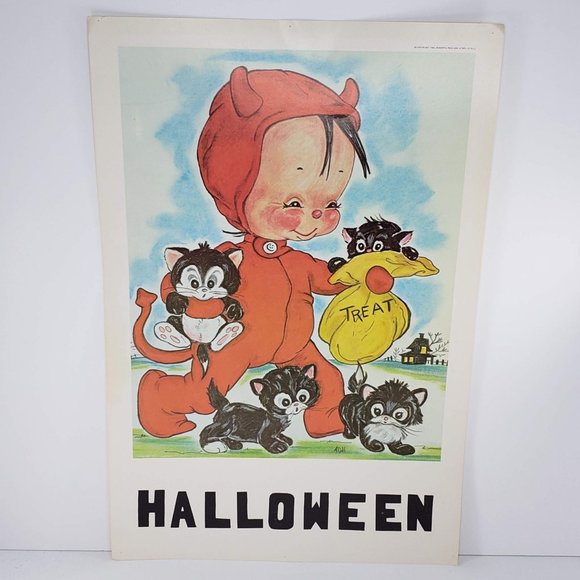 Vintage 1968 Classroom Poster Atrelle Dill Roberta Ross Halloween Devil Cat - Picture 1 of 5